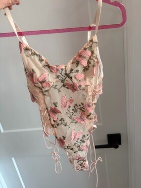 La Vie En Rose Sheer Butterfly Embroidered Chemise in Blush Pink